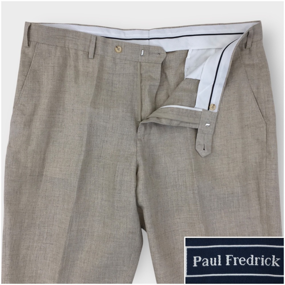 PAUL FREDRICK Mens Casual Pants Linen Trousers Size 42 x 29 Beige Flat Front